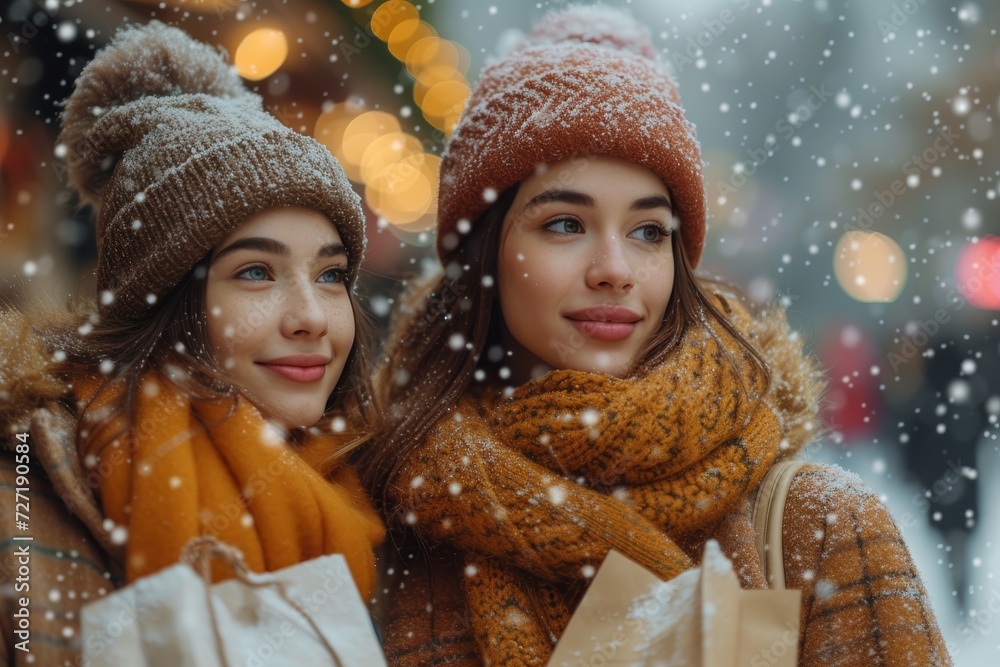 Amidst the winter wonderland, two women bundle up in cozy hats and scarves, their rosy cheeks and beaming smiles shining against the snowy backdrop Amidst the winter wonderland, two women bundle up in cozy hats and scarves, their rosy cheeks and beaming smiles shining against the snowy backdrop