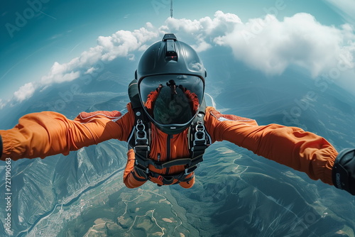 Parachuting  selfie over lush green landscape. Paratroopers or parachutist free-falling and descending with parachutes.