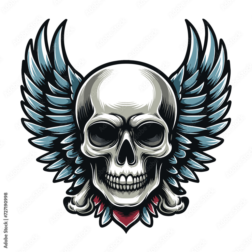Skull wings vector illustration, winged skull badge emblem template suitable for apparel t-shirt, poster, motorbike club logo, tattoo. Design isolated on white background Skull wings vector illustration, winged skull badge emblem template suitable for apparel t-shirt, poster, motorbike club logo, tattoo. Design isolated on white background