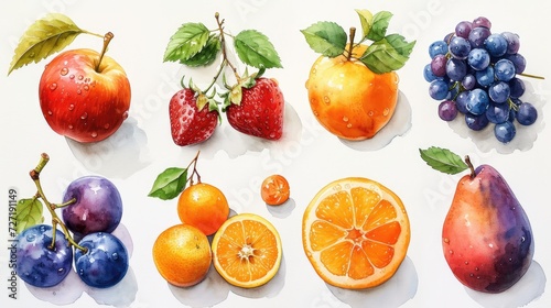 Watercolor fruits. juicy and colorful fruit on white background including apple, strawberry, orange