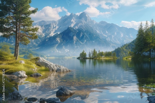 Stunning Austrian Alps lake with panoramic mountain views.