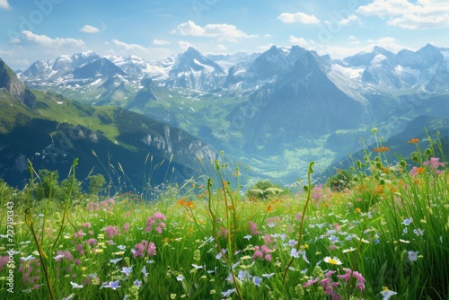 Alpine Beauty  Meadows  Flowers  and Snow Capped Peaks. © darshika