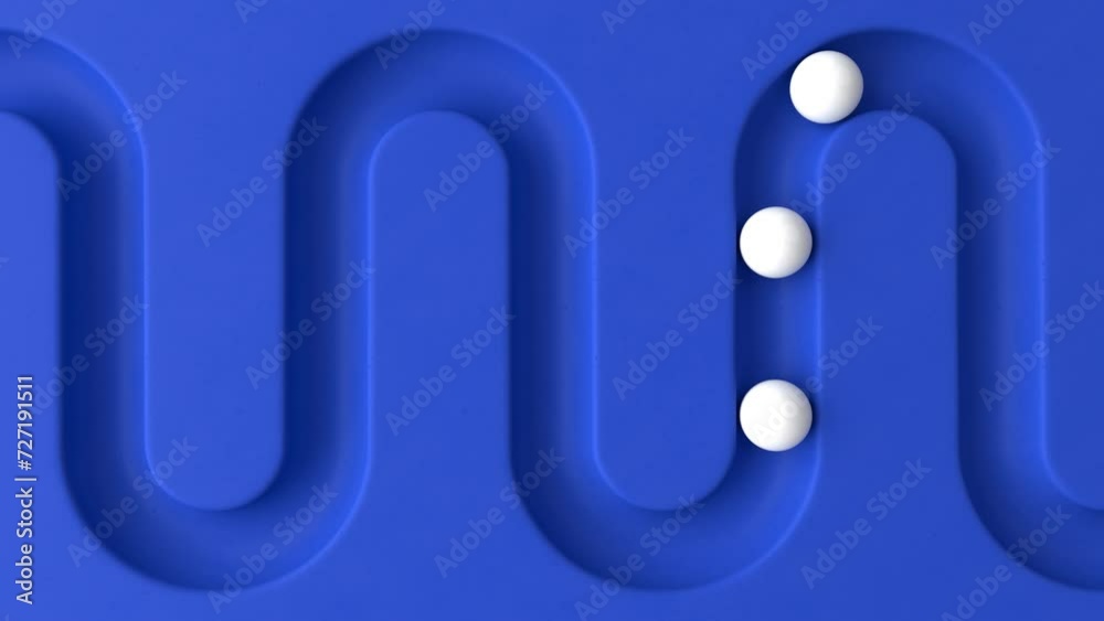 Cycled minimal animation. White balls rolling in geometry deepening. Ball rolling along the paths. 3d animation of a seamless loop
