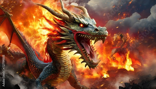 mad dragon destroying the world angry reptile with a growl giving a death stare chinese dragon causes chaos and devastation on a flame background fictional scary character with a grin
