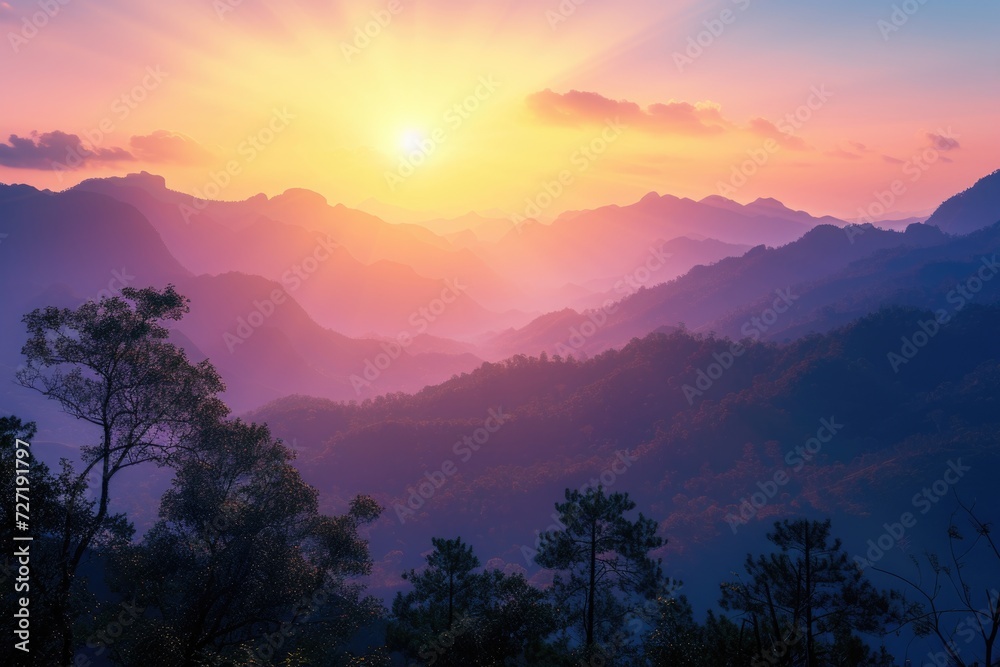 Fototapeta premium Beautiful sunrise over the mountain range at the west of thailand