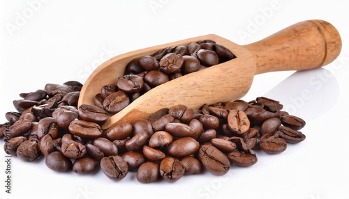 coffee beans on wooden scoop on white background