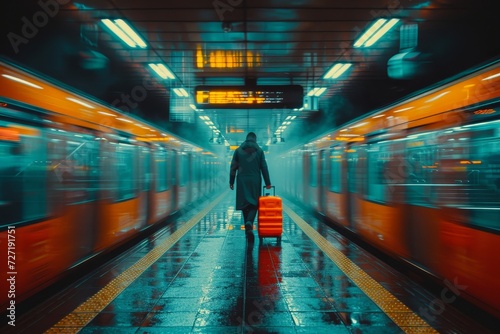 A solitary figure navigates the bustling subway station, their luggage a heavy burden as they search for their train amidst the glowing platform lights