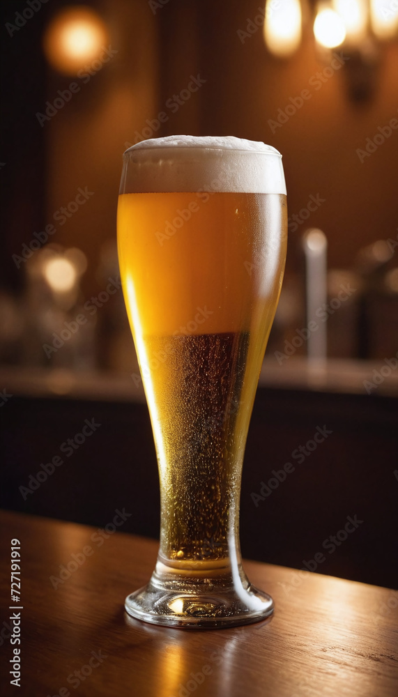 A tall glass of frothy golden beer on a wooden bar, exuding a warm and inviting ambiance in dim light. A tall glass of frothy golden beer on a wooden bar, exuding a warm and inviting ambiance in dim light.