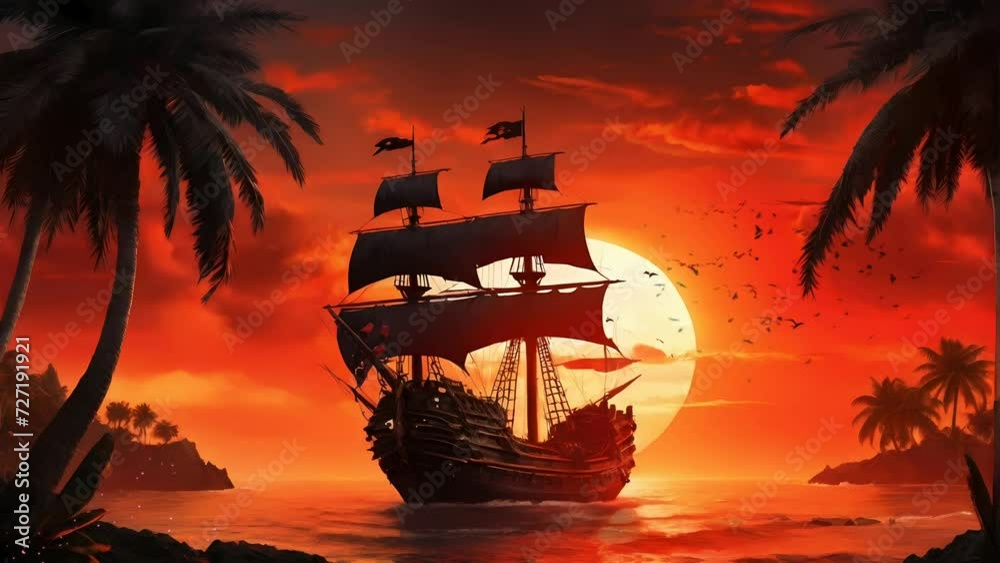 Traditional pirates ship with stunning sunset for background, Seamless ...