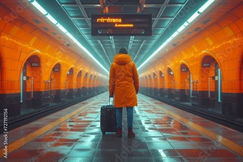 A fashionable figure stands confidently on the subway platform, their yellow coat a bold statement against the drab underground walls, as they wait for the train with their trusty suitcase in tow photo