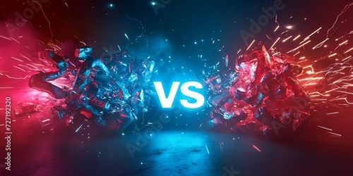 Versus Battle. MMA concept - Fight night, MMA, boxing, wrestling, Thai boxing. VS collision of letters with sparks and glow on a red-blue flame background