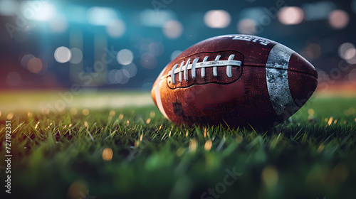 a captivating view of an American football placed on the grass field, with a spotlight shining