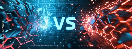 Versus Battle. MMA concept - Fight night, MMA, boxing, wrestling, Thai boxing. VS collision of letters with sparks and glow on a red-blue flame background
