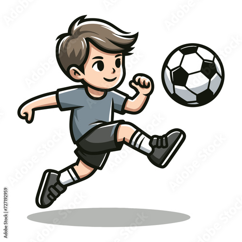 Happy cute little boy playing soccer football game in action cartoon vector illustration, kid player kicking ball design template isolated on white background