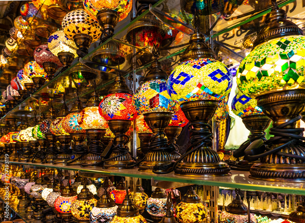 A row of traditional Arabic multicolored lanterns at the old market.
