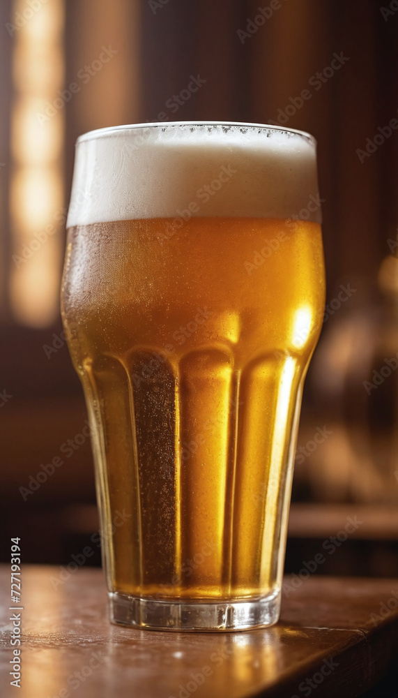A refreshing pint of golden beer with a frothy white head sits on a wooden table in a dimly lit pub setting. A refreshing pint of golden beer with a frothy white head sits on a wooden table in a dimly lit pub setting.