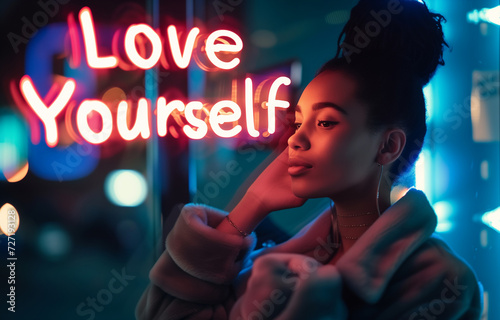 Love yourself concept image with beautiful blonde woman looking herself in the mirror and glowing sign love yourself message. photo