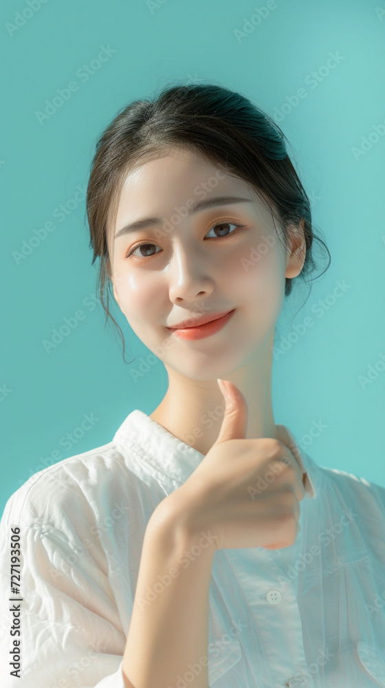 A beautiful Eastern woman gives a thumbs up A beautiful Eastern woman gives a thumbs up
