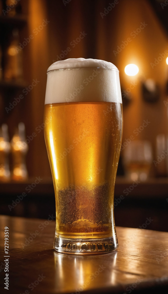 A cold, frothy pint of golden beer sits on a wooden bar top in a cozy, dimly lit pub setting, exuding a welcoming and relaxed atmosphere. A cold, frothy pint of golden beer sits on a wooden bar top in a cozy, dimly lit pub setting, exuding a welcoming and relaxed atmosphere.