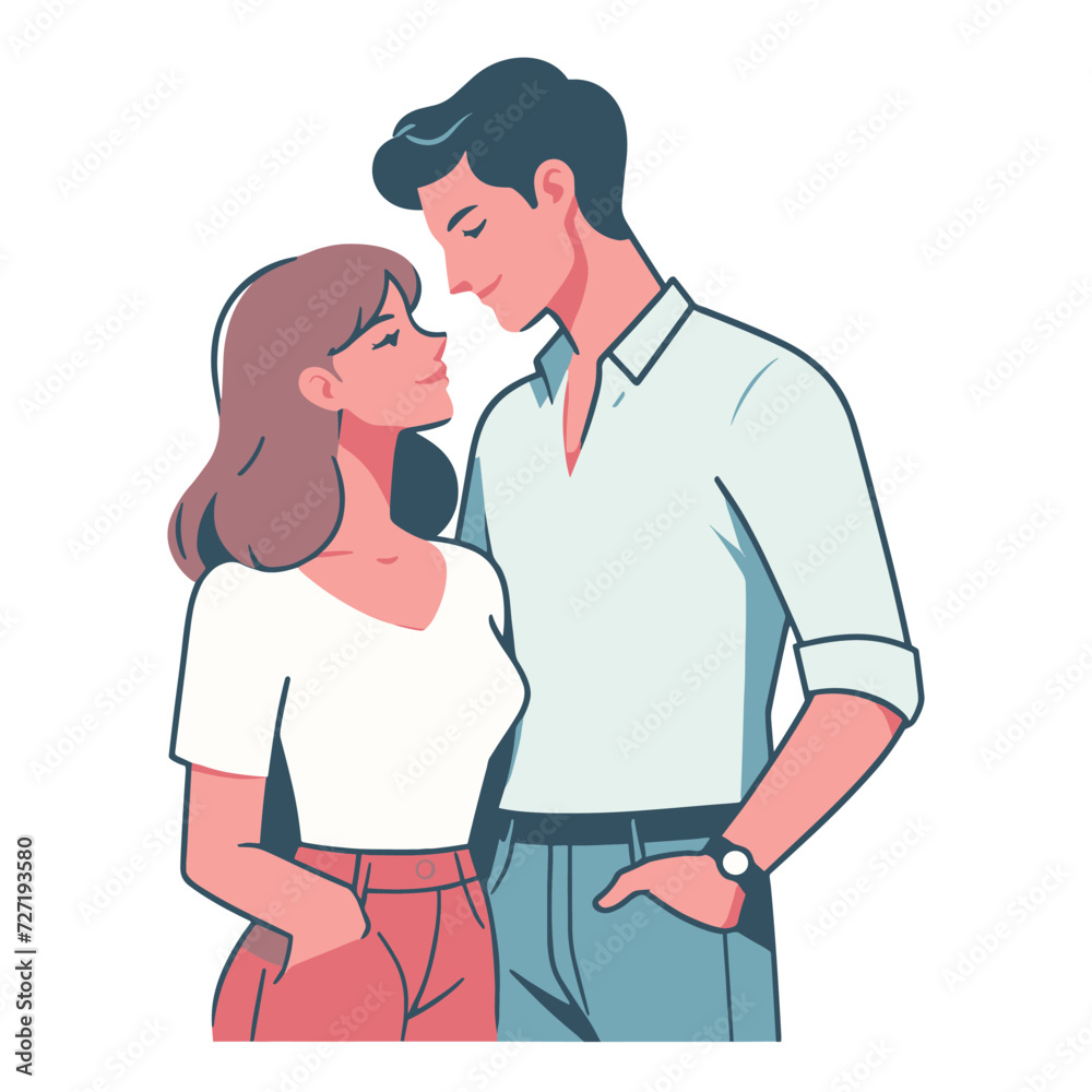 Romantic couple lovers vector illustration, Happy young male female couple together, wife and husband loving relationships. Flat design illustration isolated on white background