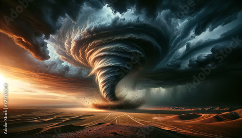 Dramatic digital artwork of a huge tornado touching a desert landscape at sunset with dark storm clouds and charged atmosphere.Danger concept.AI generated.