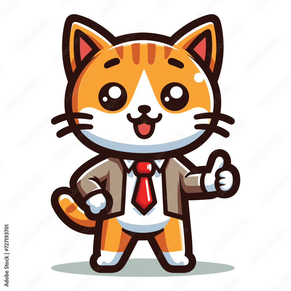 Fototapeta premium Cute adorable cat wearing suit dress cartoon character vector illustration, funny kitty flat design template isolated on white background