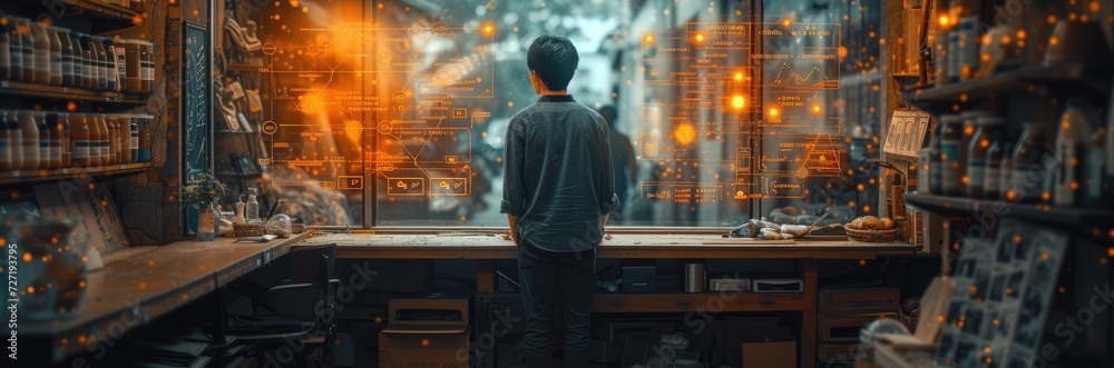 A workshop where artisans craft goods, surrounded by digital overlays of market demand A workshop where artisans craft goods, surrounded by digital overlays of market demand