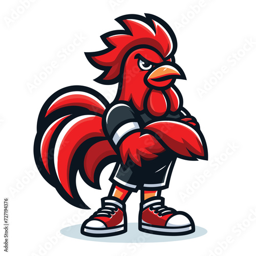 Chicken rooster muscle fighting sports mascot logo character cartoon illustration, vector design isolated on white background photo