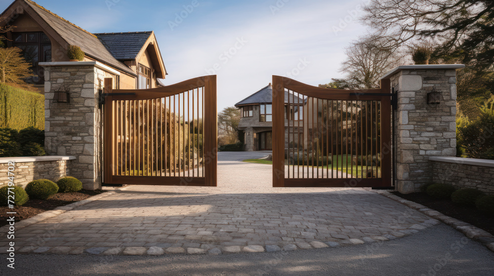 Automatic sliding doors with wood texture in the cottage Automatic sliding doors with wood texture in the cottage