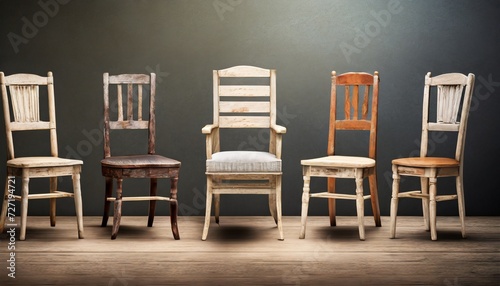 collection of old wooden chairs on background 3d render 3d illustration