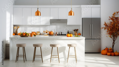 Interior of light kitchen decorated for Halloween with pumpkins and counters.