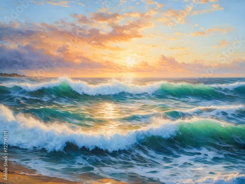 Beautiful seascape with waves on the beach at sunset. © wannasak