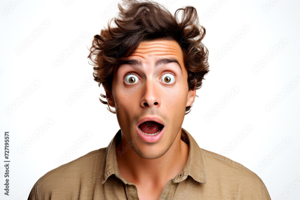 Portrait of a surprised young man with big eyes, wide open mouth on a white background. Advertising concept, big discounts Portrait of a surprised young man with big eyes, wide open mouth on a white background. Advertising concept, big discounts