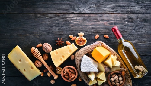 assortment of cheeses a bottle of wine honey nuts and spices on a wooden table top view free space for text