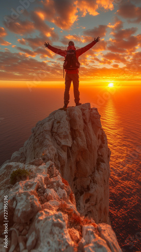 A man stands on a high mountain and looks at the sunset,ai