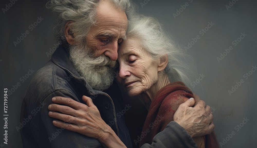 A heartwarming image capturing the bond between elderly grandparents, as they share a tender embrace and cherish each other's company. A heartwarming image capturing the bond between elderly grandparents, as they share a tender embrace and cherish each other's company.