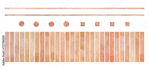 Wooden Plank Elements in Watercolor for Walkway, Bridge, Top View, Column and Beam, isolated on white or transparent background