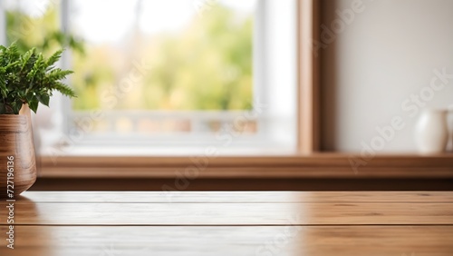 Empty wooden table in front of window with copy space. photo