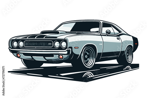 Vintage American muscle car vector illustration, classic retro custom muscle car design template isolated on white background