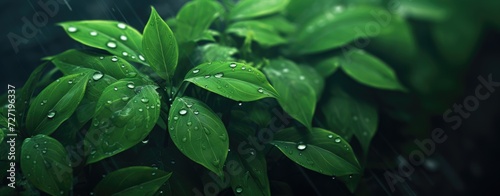 Nature's artistry showcased in the glistening water drops adorning lush green leaves, a harmonious blend of elements.