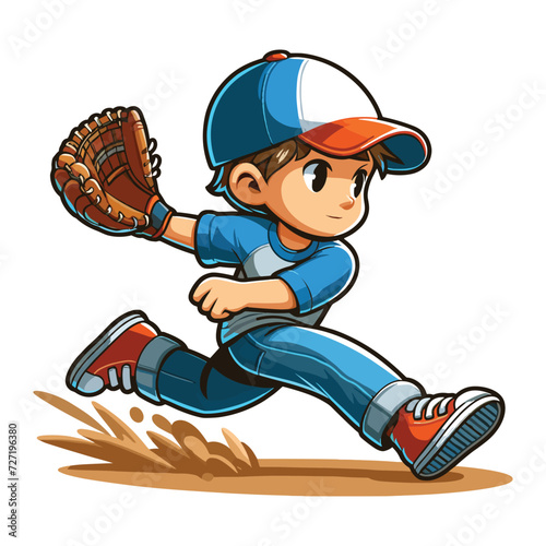 Happy cute little boy playing baseball softball in action cartoon vector illustration, hitter swinging with bat design template isolated on white background