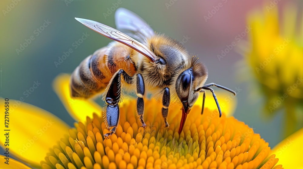 Bee Resting on Yellow Flower. Generative AI. Bee Resting on Yellow Flower. Generative AI.