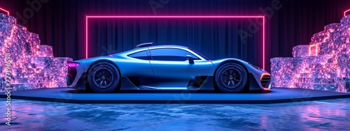 Blue Sports Car Parked in Front of Pink Lights