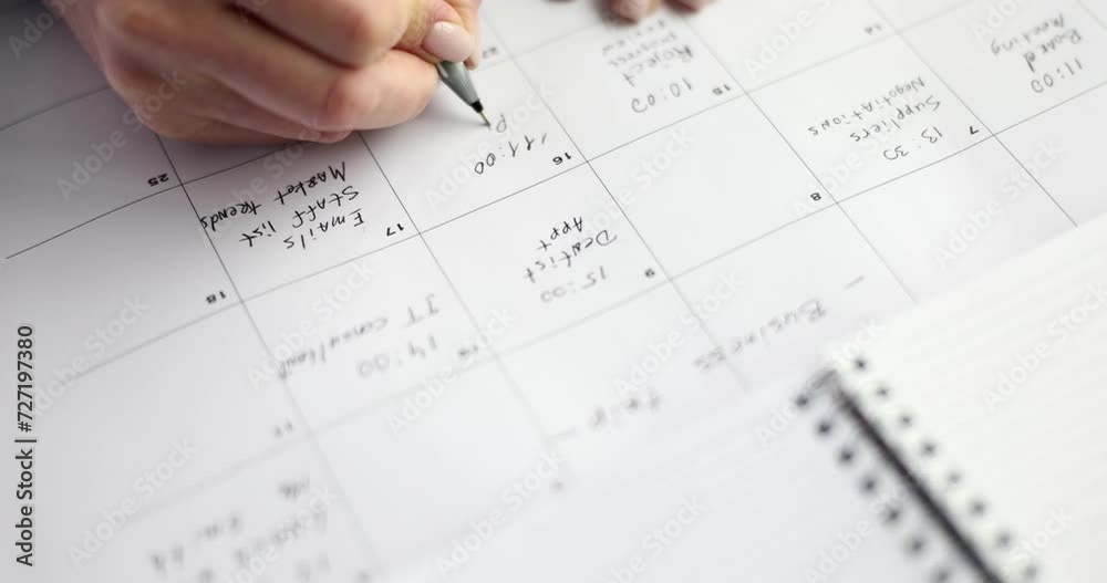 Business woman checks planner and takes notes in organizer. Event calendar business planning and meeting concept Business woman checks planner and takes notes in organizer. Event calendar business planning and meeting concept