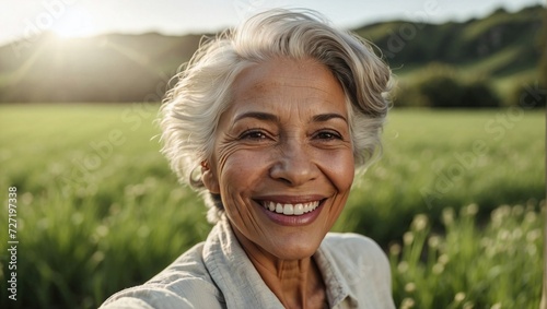 Fotografia, Obraz Mature woman with white hair, wearing a casual shirt, exudes joy and confidence in a self-portrait amidst a serene meadow at sunset, reflecting a life well-lived