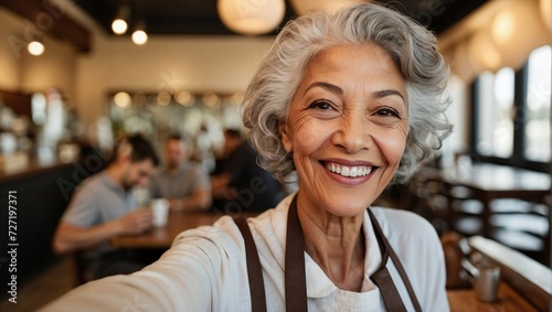 Vibrant senior barista with stylish white hair beams with pride in her café, offering a perfect blend of warm hospitality and expertise in coffee-making.