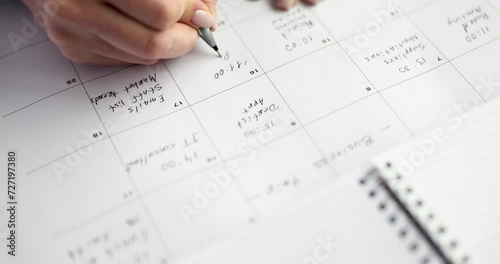 Business woman checks planner and takes notes in organizer. Event calendar business planning and meeting concept photo