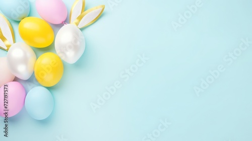 Top View Easter Party Fun: Colorful Bunny Ears & Pastel Eggs