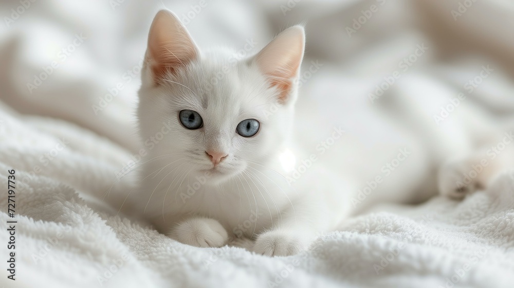 Peaceful white kitten with striking blue eyes. Peaceful white kitten with striking blue eyes.
