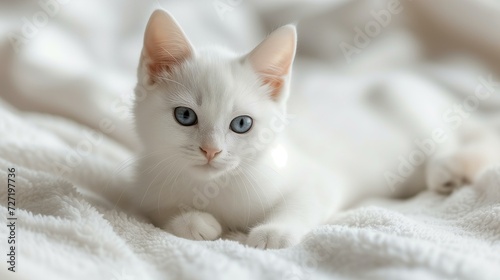 Peaceful white kitten with striking blue eyes.